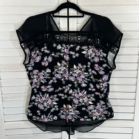 Daniel Rainn Top Medium Black Floral Cap Sleeves NWOT - Picture 8 of 15